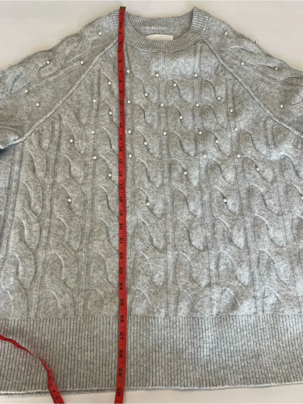 Aerie Light Gray Cable Knit Faux Pearl Beaded Crew Neck Sweater Soft Cozy - Picture 6 of 9